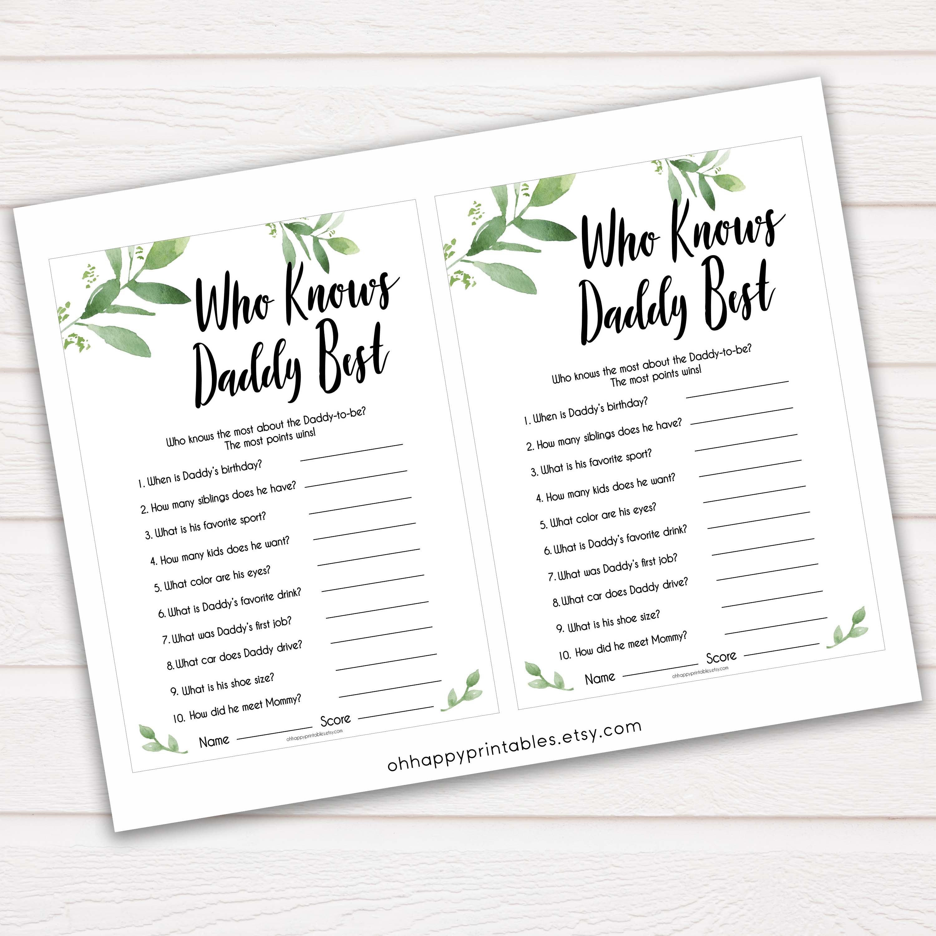 Botanical Who Knows Daddy Best, How Well Do you Know Daddy Games, Greenery Who Knows Daddy Game, Baby Shower Games, Leaf Baby Shower 