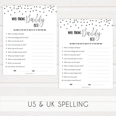 who knows daddy best game, Printable baby shower games, baby silver glitter fun baby games, baby shower games, fun baby shower ideas, top baby shower ideas, silver glitter shower baby shower, friends baby shower ideas