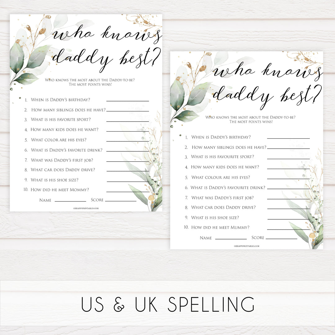 Gold green leaf baby games, who knows daddy best, printable baby games, fun baby games, top baby games to play, gold leaf baby shower, greenery baby shower ideas