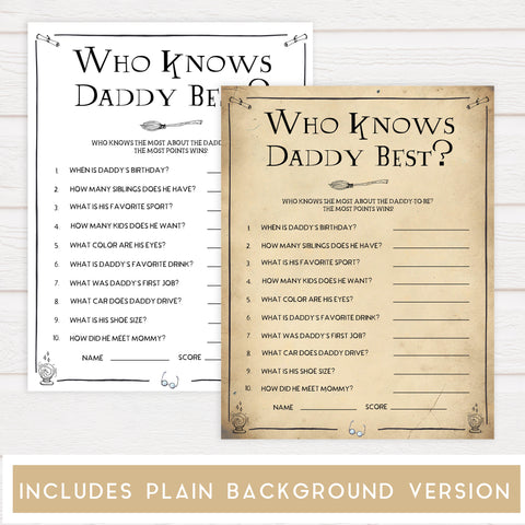 Who Knows Daddy Best Game, Wizard baby shower games, printable baby shower games, Harry Potter baby games, Harry Potter baby shower, fun baby shower games,  fun baby ideas