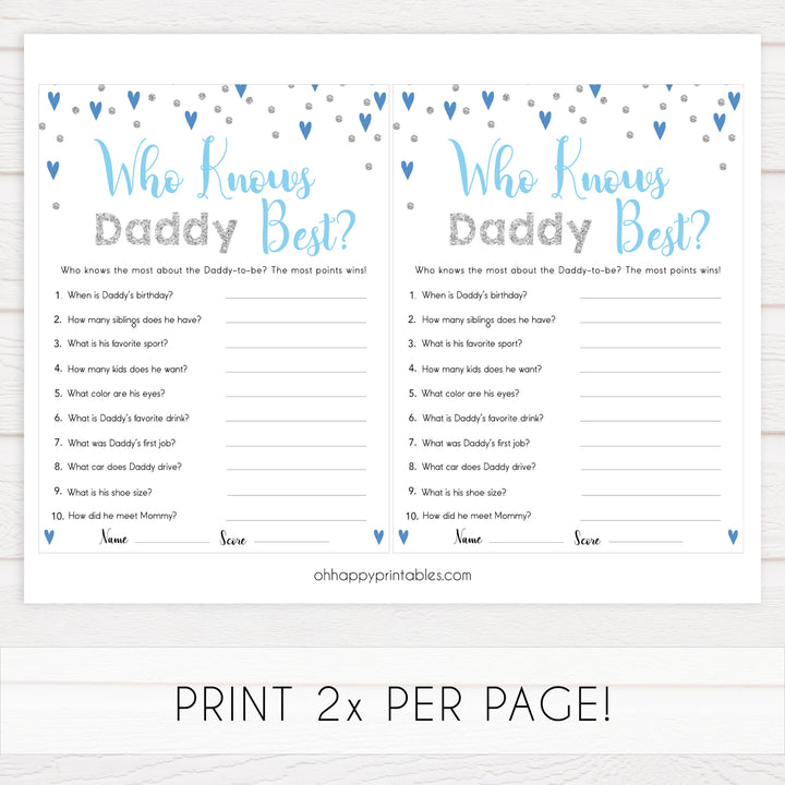 who knows daddy best, Printable baby shower games, small blue hearts fun baby games, baby shower games, fun baby shower ideas, top baby shower ideas, silver baby shower, blue hearts baby shower ideas