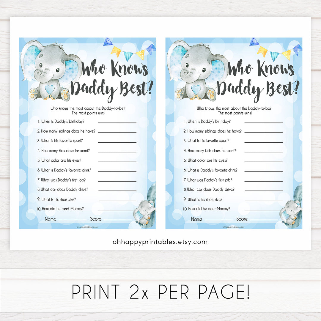 Blue elephant baby games, who knows daddy best, elephant baby games, printable baby games, top baby games, best baby shower games, baby shower ideas, fun baby games, elephant baby shower