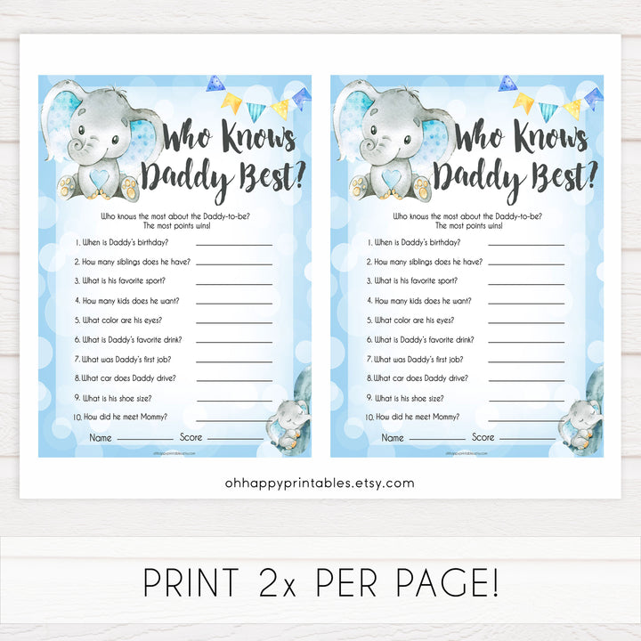 Blue elephant baby games, who knows daddy best, elephant baby games, printable baby games, top baby games, best baby shower games, baby shower ideas, fun baby games, elephant baby shower