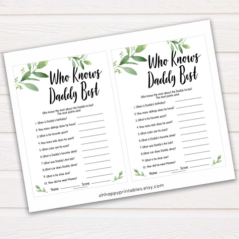 Botanical Who Knows Daddy Best, How Well Do you Know Daddy Games, Greenery Who Knows Daddy Game, Baby Shower Games, Leaf Baby Shower 