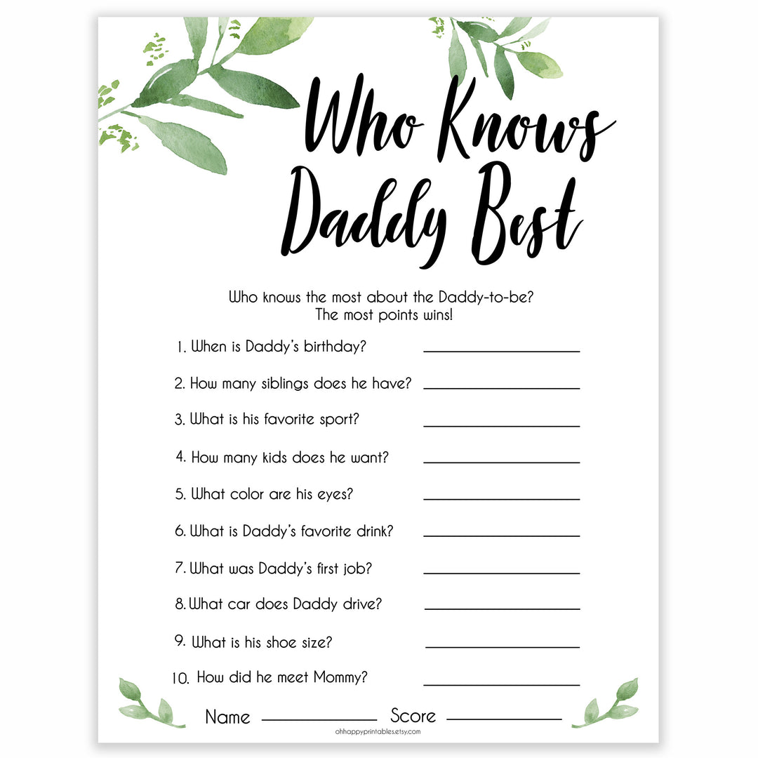 Botanical Who Knows Daddy Best, How Well Do you Know Daddy Games, Greenery Who Knows Daddy Game, Baby Shower Games, Leaf Baby Shower 