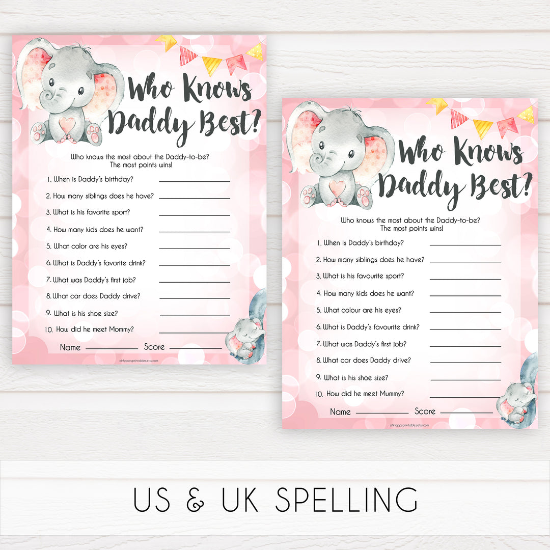 pink elephant baby games, who knows daddy best baby shower games, printable baby shower games, baby shower games, fun baby games, popular baby games, pink baby games