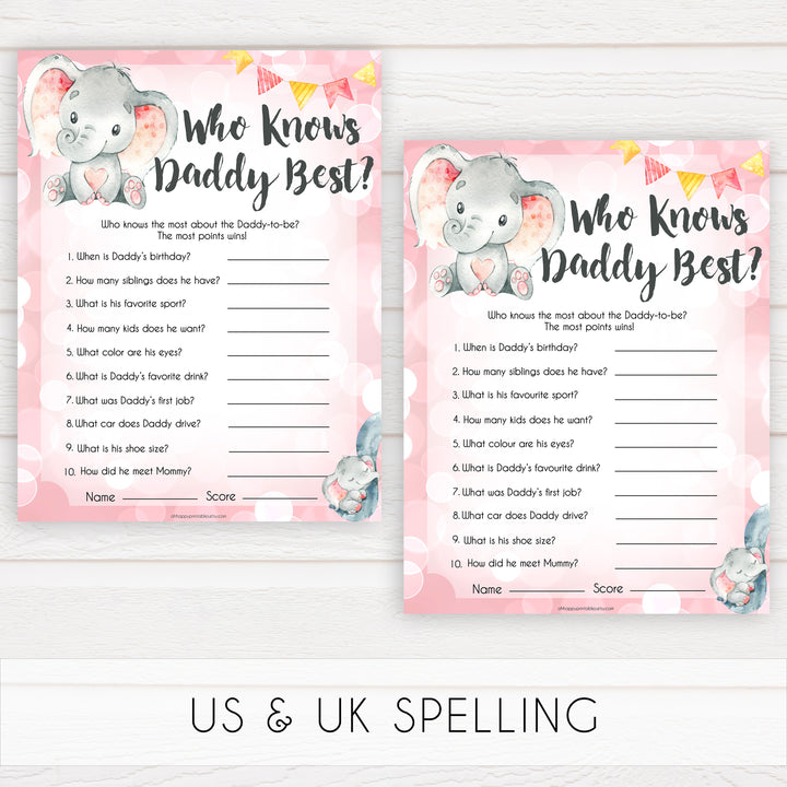 pink elephant baby games, who knows daddy best baby shower games, printable baby shower games, baby shower games, fun baby games, popular baby games, pink baby games