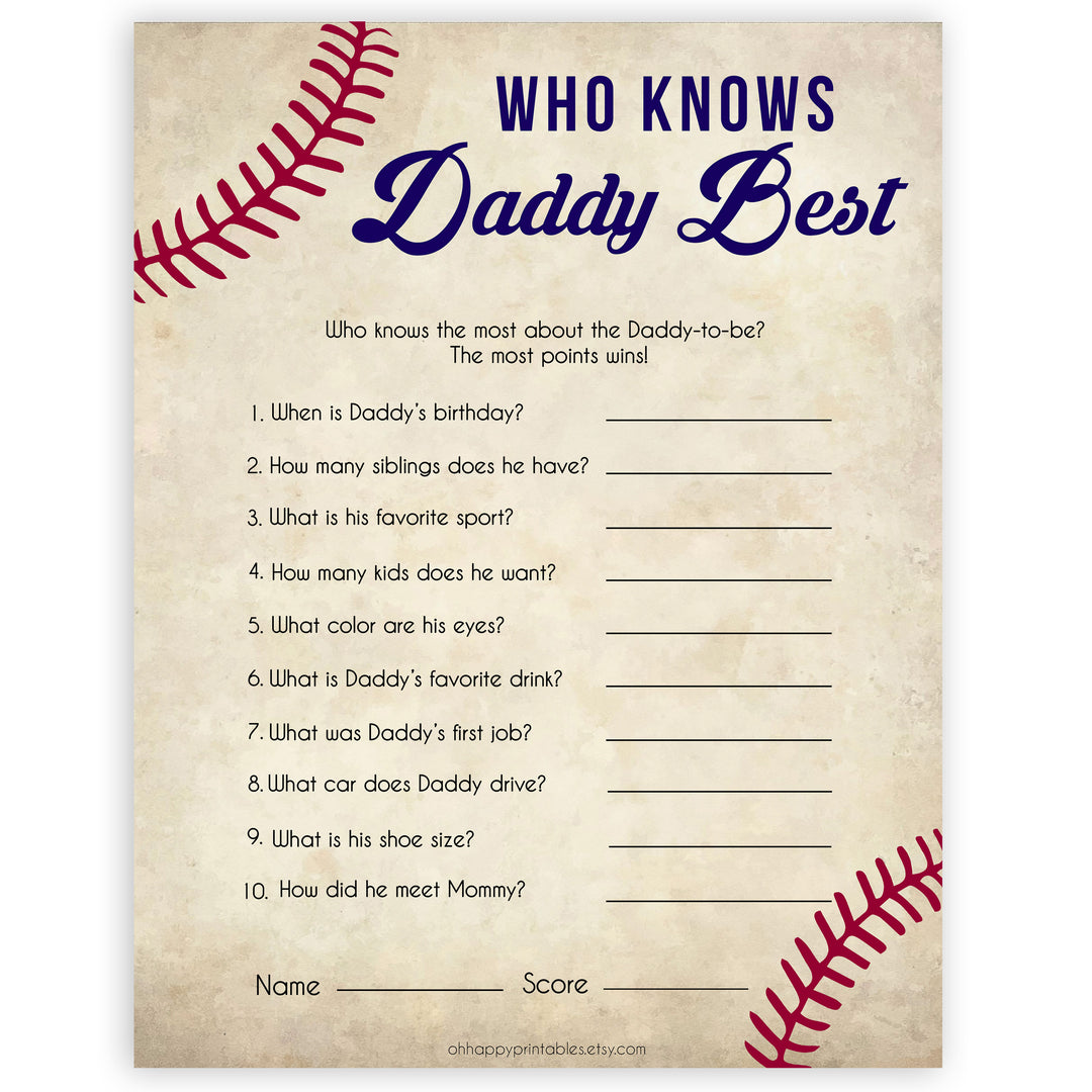 Who Knows Daddy Best Game, Baseball Baby Shower Games, Knows Daddy Games, Baby Shower Games, Who Knows Daddy, Who Knows Daddy Game, printable baby shower games, fun baby shower games, popular baby shower games