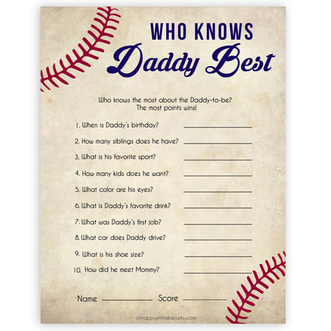 Who Knows Daddy Best Game, Baseball Baby Shower Games, Knows Daddy Games, Baby Shower Games, Who Knows Daddy, Who Knows Daddy Game, printable baby shower games, fun baby shower games, popular baby shower games