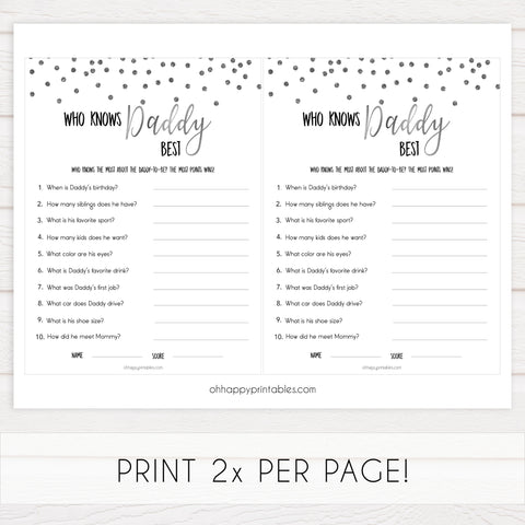 who knows daddy best game, Printable baby shower games, baby silver glitter fun baby games, baby shower games, fun baby shower ideas, top baby shower ideas, silver glitter shower baby shower, friends baby shower ideas