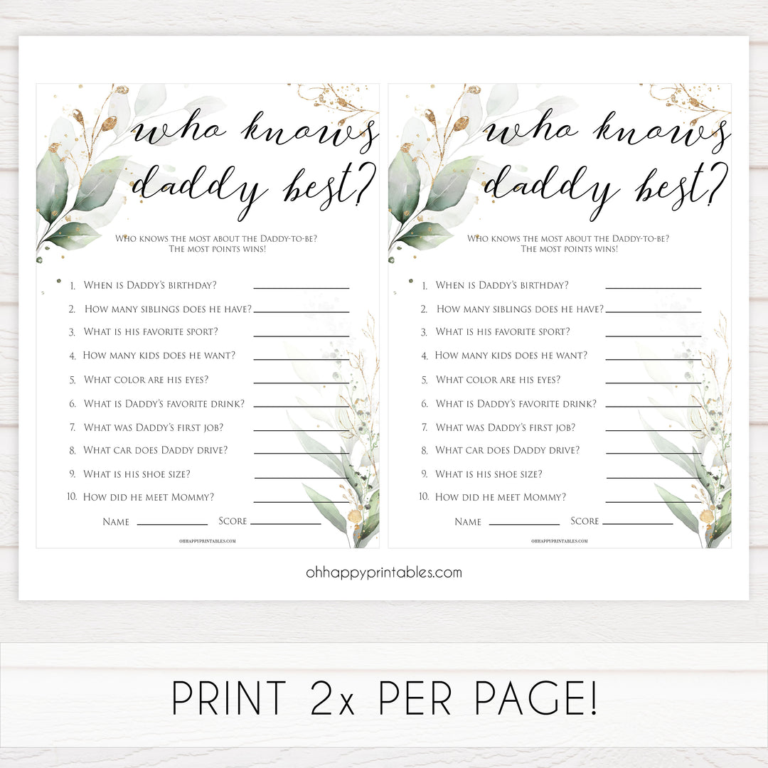 Gold green leaf baby games, who knows daddy best, printable baby games, fun baby games, top baby games to play, gold leaf baby shower, greenery baby shower ideas