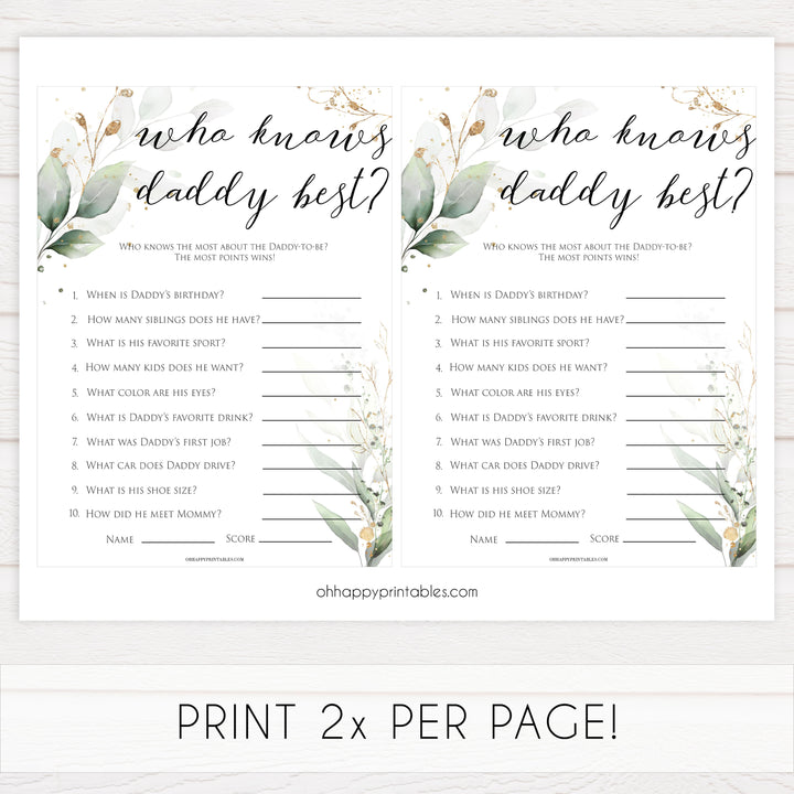 Gold green leaf baby games, who knows daddy best, printable baby games, fun baby games, top baby games to play, gold leaf baby shower, greenery baby shower ideas