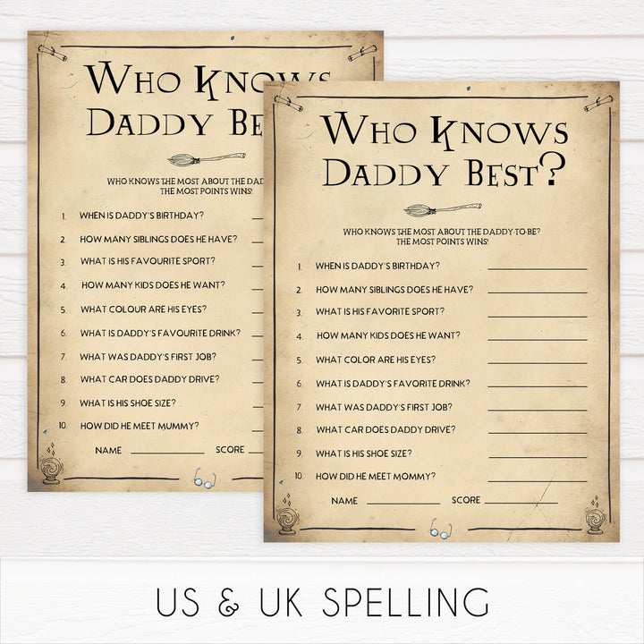 Who Knows Daddy Best Game, Wizard baby shower games, printable baby shower games, Harry Potter baby games, Harry Potter baby shower, fun baby shower games,  fun baby ideas