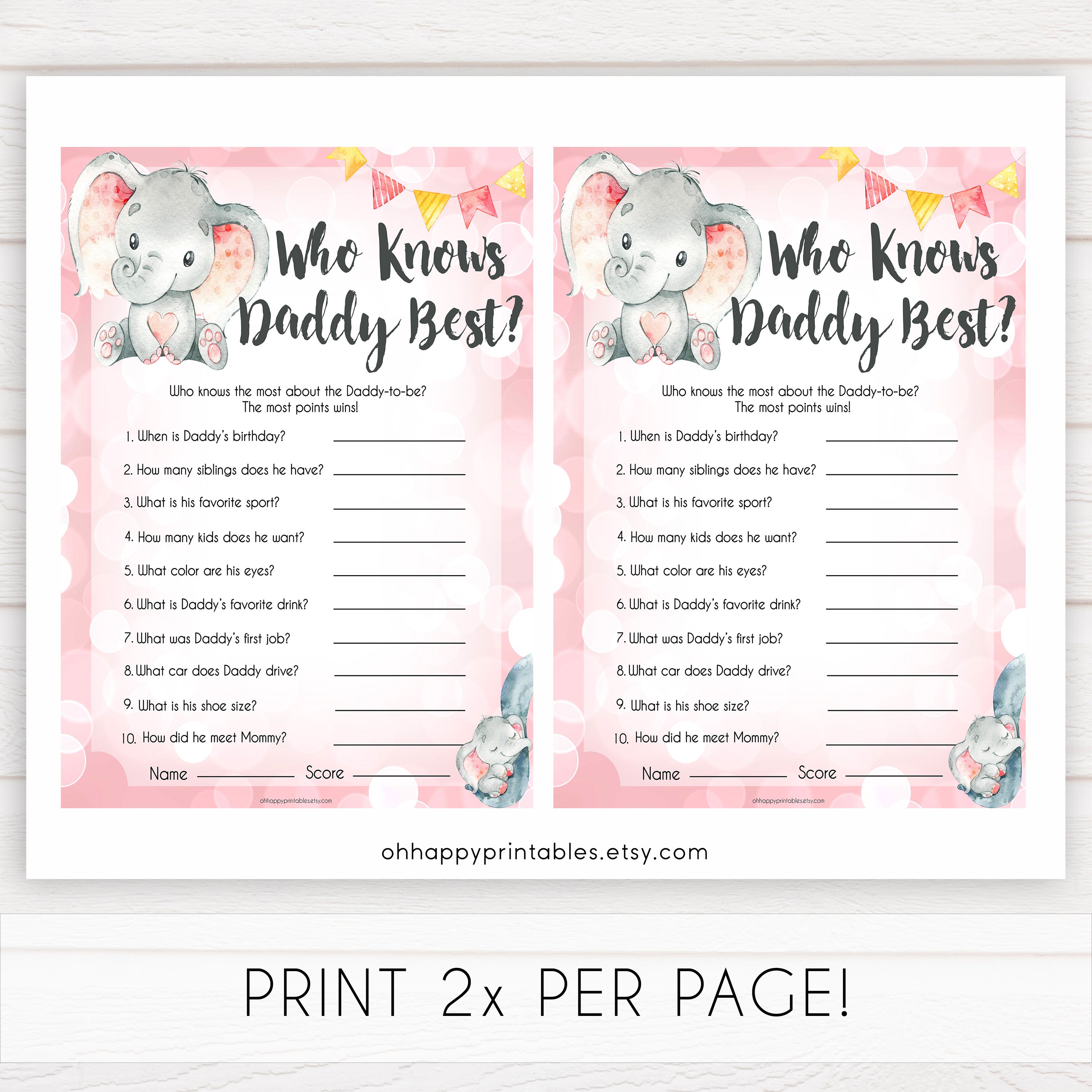 pink elephant baby games, who knows daddy best baby shower games, printable baby shower games, baby shower games, fun baby games, popular baby games, pink baby games