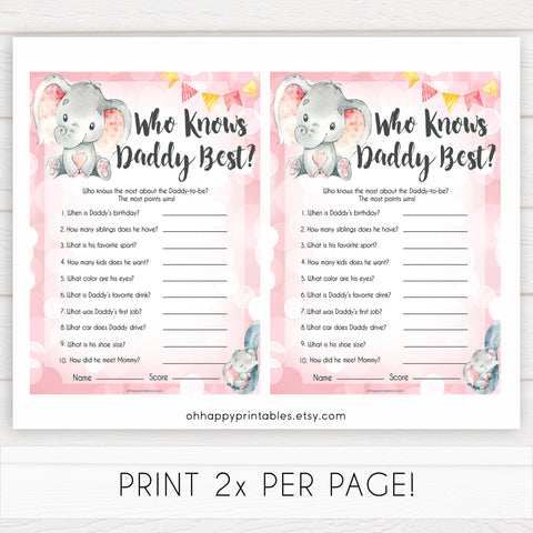 pink elephant baby games, who knows daddy best baby shower games, printable baby shower games, baby shower games, fun baby games, popular baby games, pink baby games