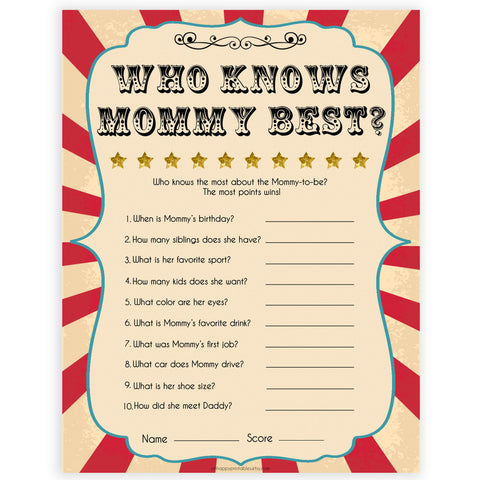 Circus who knows mommy best baby shower games, circus baby games, carnival baby games, printable baby games, fun baby games, popular baby games, carnival baby shower, carnival theme