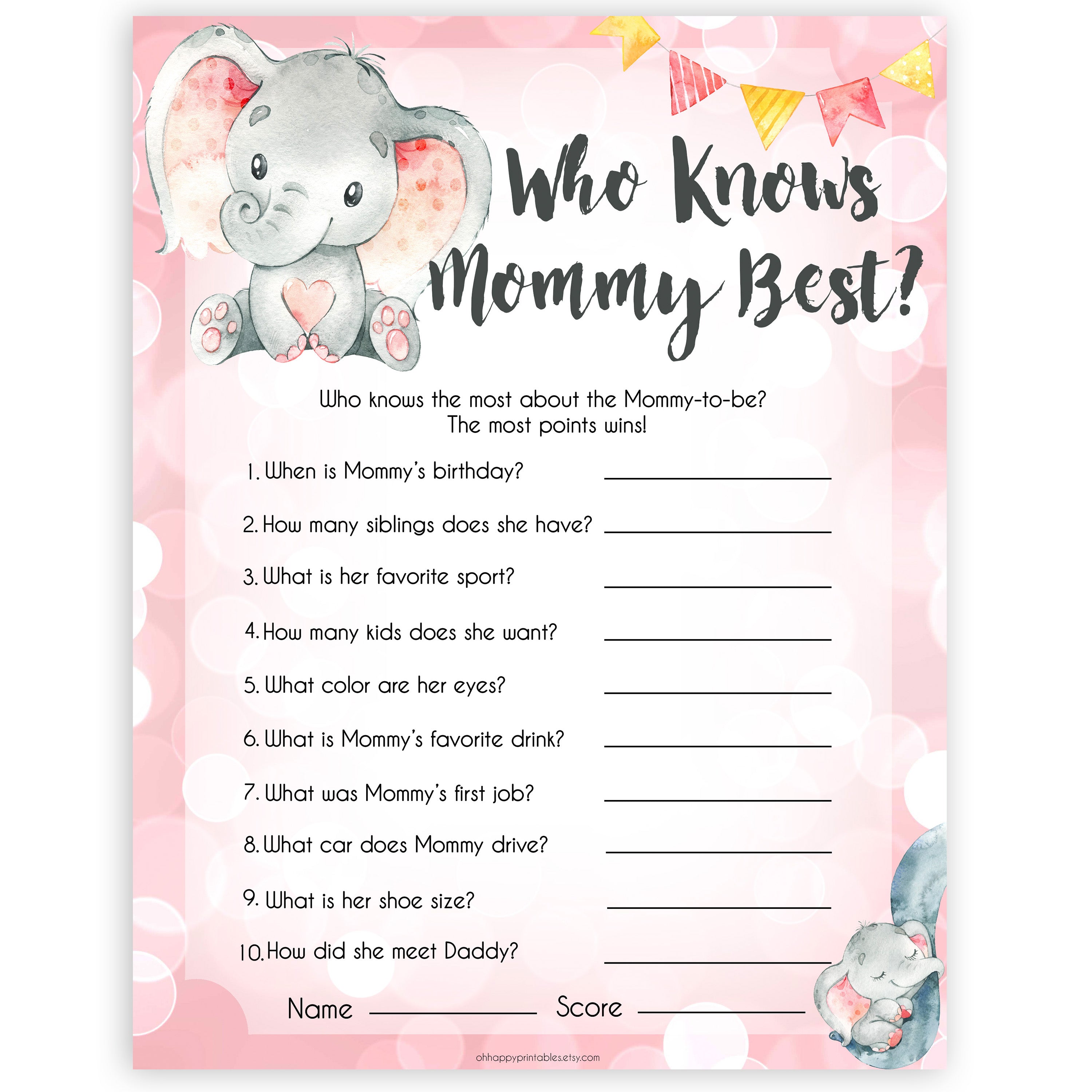 pink elephant baby games, who knows mummy best baby shower games, printable baby shower games, baby shower games, fun baby games, popular baby games, pink baby games
