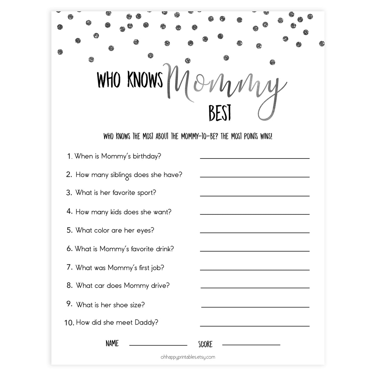 who knows mommy best, know mommy, Printable baby shower games, baby silver glitter fun baby games, baby shower games, fun baby shower ideas, top baby shower ideas, silver glitter shower baby shower, friends baby shower ideas