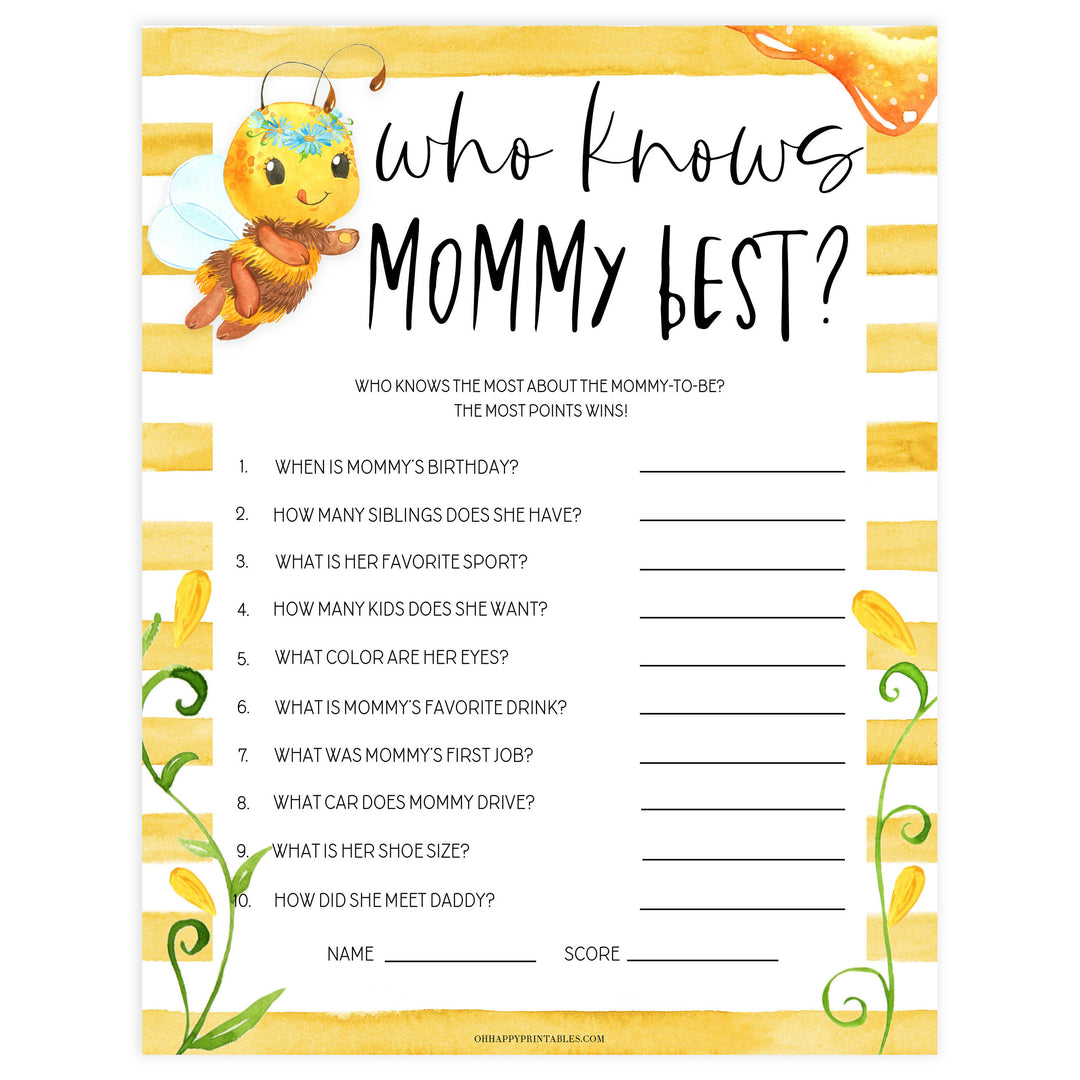 who knows mommy best game, Printable baby shower games, mommy bee fun baby games, baby shower games, fun baby shower ideas, top baby shower ideas, mommy to bee baby shower, friends baby shower ideas