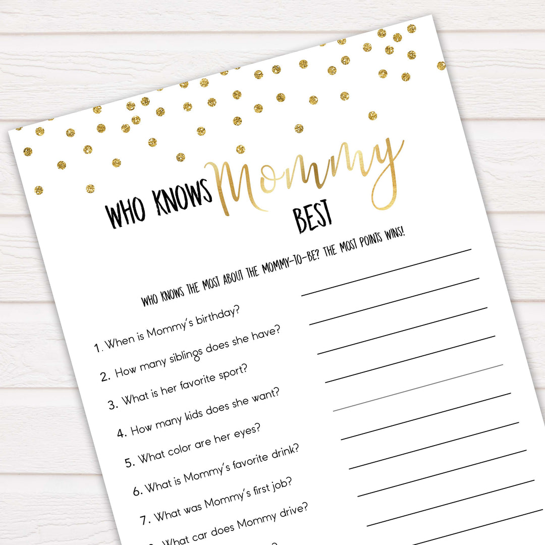 Gold Who Knows Mommy Best Quiz, Baby Shower Games, Knows Mummy Games, Gold Glitter Baby Shower Games, Gold Fun Baby Shower Games 