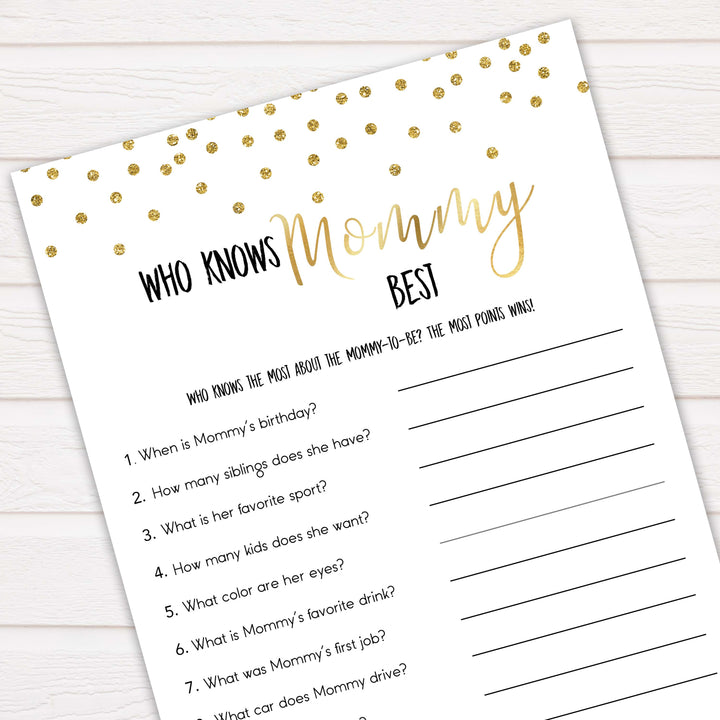 Gold Who Knows Mommy Best Quiz, Baby Shower Games, Knows Mummy Games, Gold Glitter Baby Shower Games, Gold Fun Baby Shower Games 