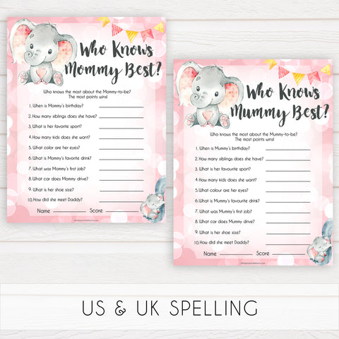pink elephant baby games, who knows mummy best baby shower games, printable baby shower games, baby shower games, fun baby games, popular baby games, pink baby games