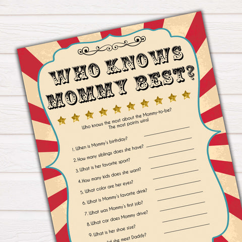 Circus who knows mommy best baby shower games, circus baby games, carnival baby games, printable baby games, fun baby games, popular baby games, carnival baby shower, carnival theme