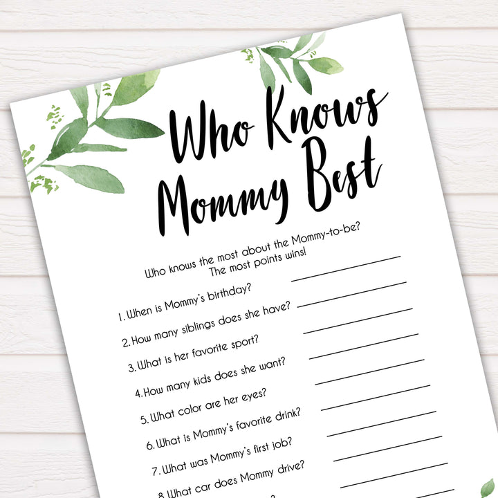 Botanical Who Knows Mommy Best Quiz, Baby Shower Games, Knows Mummy Games, Greenery Baby Shower Games, Green Fun Baby Shower Games