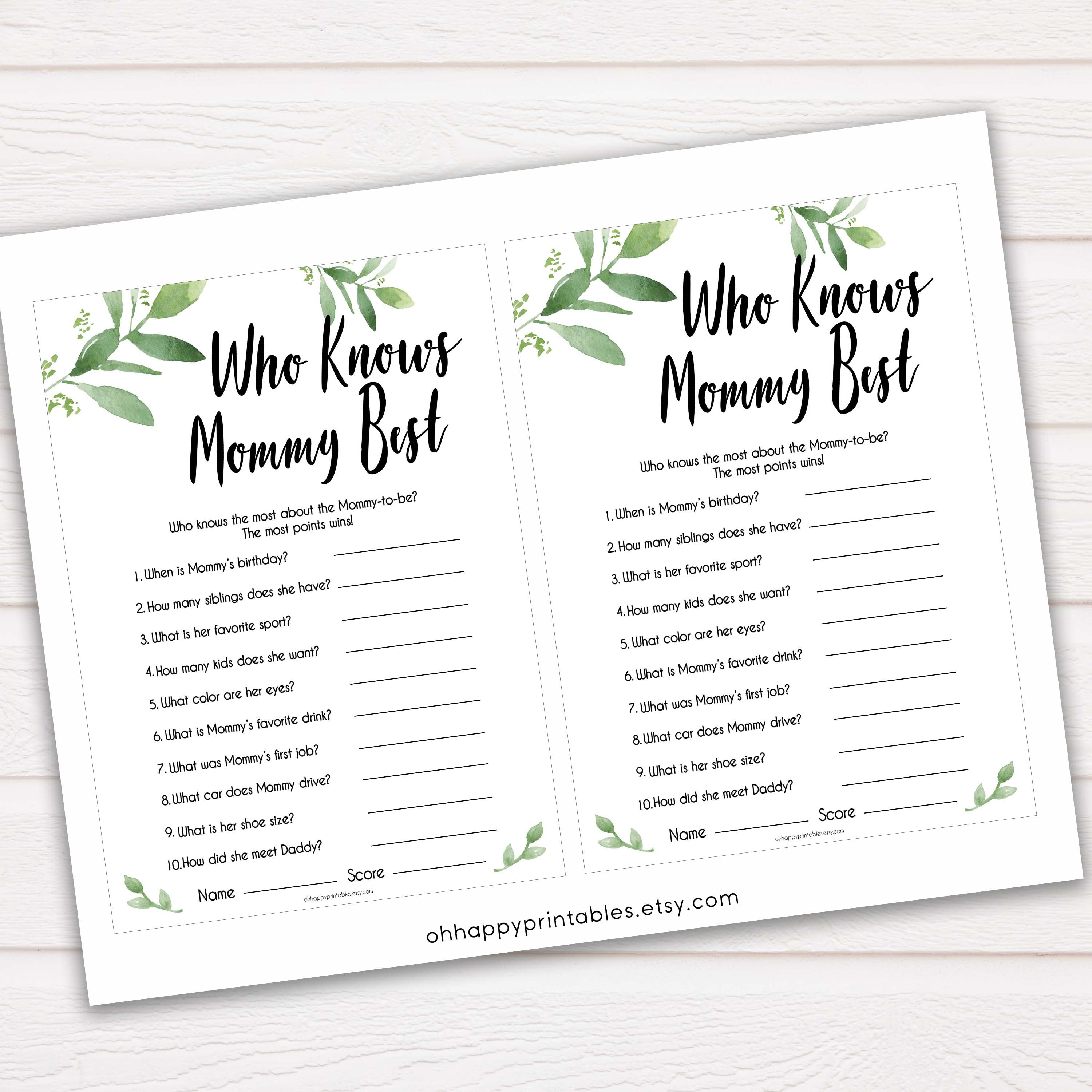 Botanical Who Knows Mommy Best Quiz, Baby Shower Games, Knows Mummy Games, Greenery Baby Shower Games, Green Fun Baby Shower Games