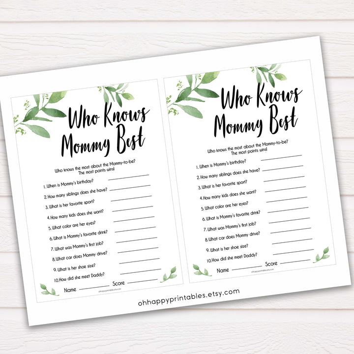 Botanical Who Knows Mommy Best Quiz, Baby Shower Games, Knows Mummy Games, Greenery Baby Shower Games, Green Fun Baby Shower Games