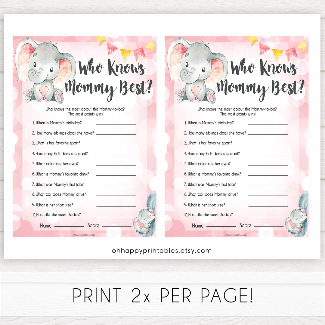 pink elephant baby games, who knows mummy best baby shower games, printable baby shower games, baby shower games, fun baby games, popular baby games, pink baby games