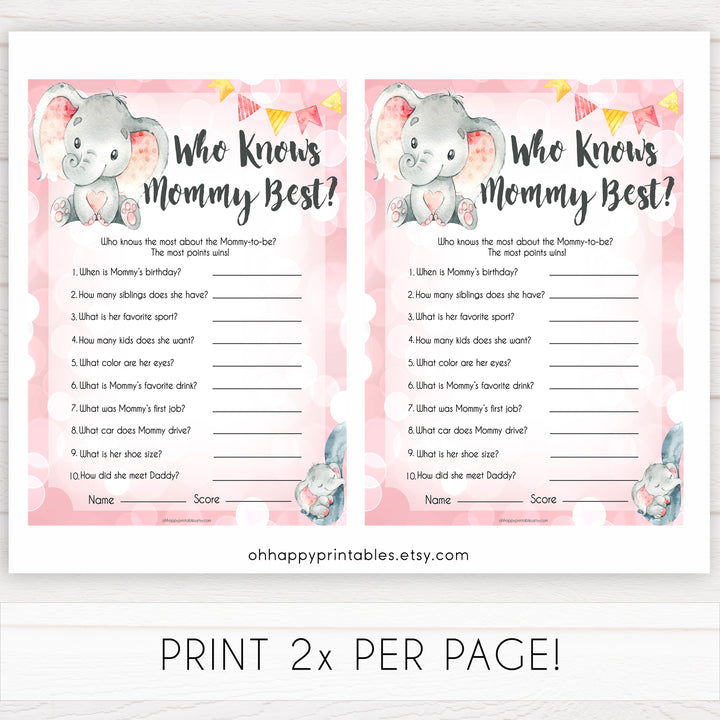 pink elephant baby games, who knows mummy best baby shower games, printable baby shower games, baby shower games, fun baby games, popular baby games, pink baby games