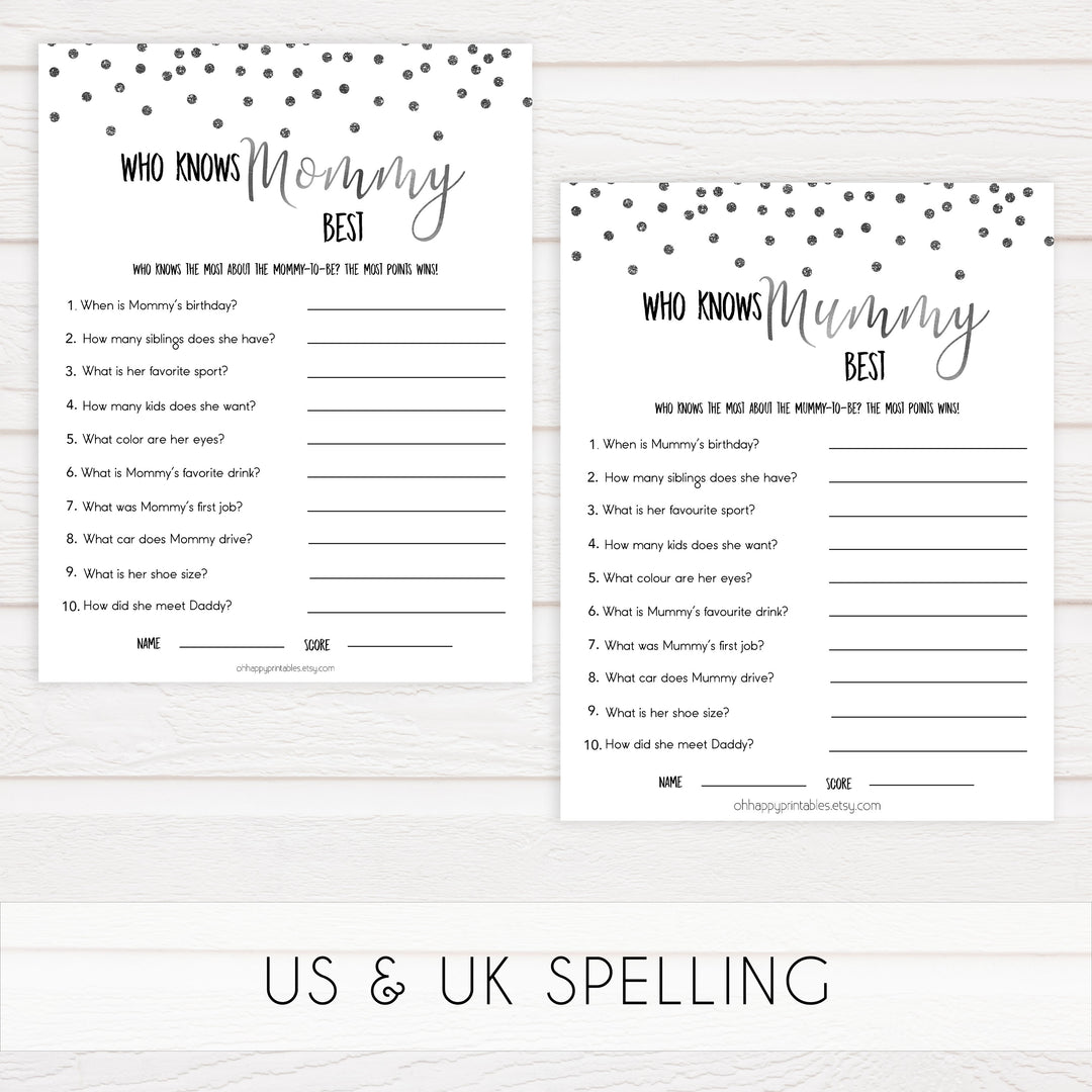 who knows mommy best, know mommy, Printable baby shower games, baby silver glitter fun baby games, baby shower games, fun baby shower ideas, top baby shower ideas, silver glitter shower baby shower, friends baby shower ideas