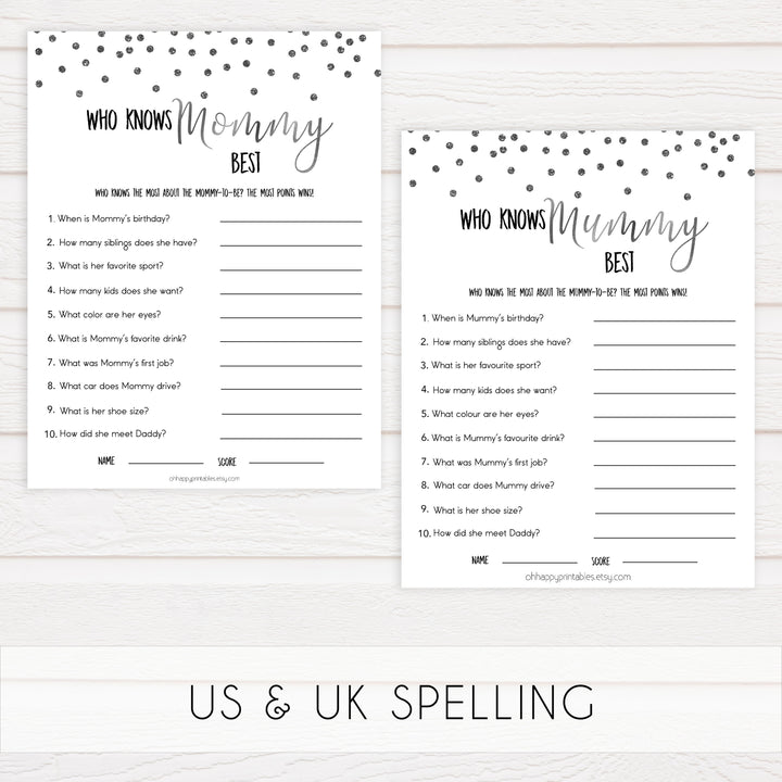 who knows mommy best, know mommy, Printable baby shower games, baby silver glitter fun baby games, baby shower games, fun baby shower ideas, top baby shower ideas, silver glitter shower baby shower, friends baby shower ideas