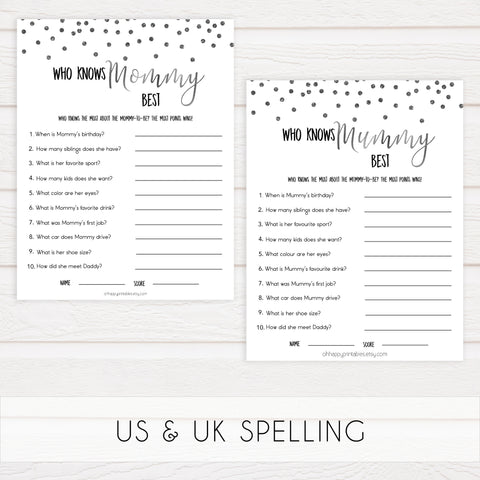 who knows mommy best, know mommy, Printable baby shower games, baby silver glitter fun baby games, baby shower games, fun baby shower ideas, top baby shower ideas, silver glitter shower baby shower, friends baby shower ideas