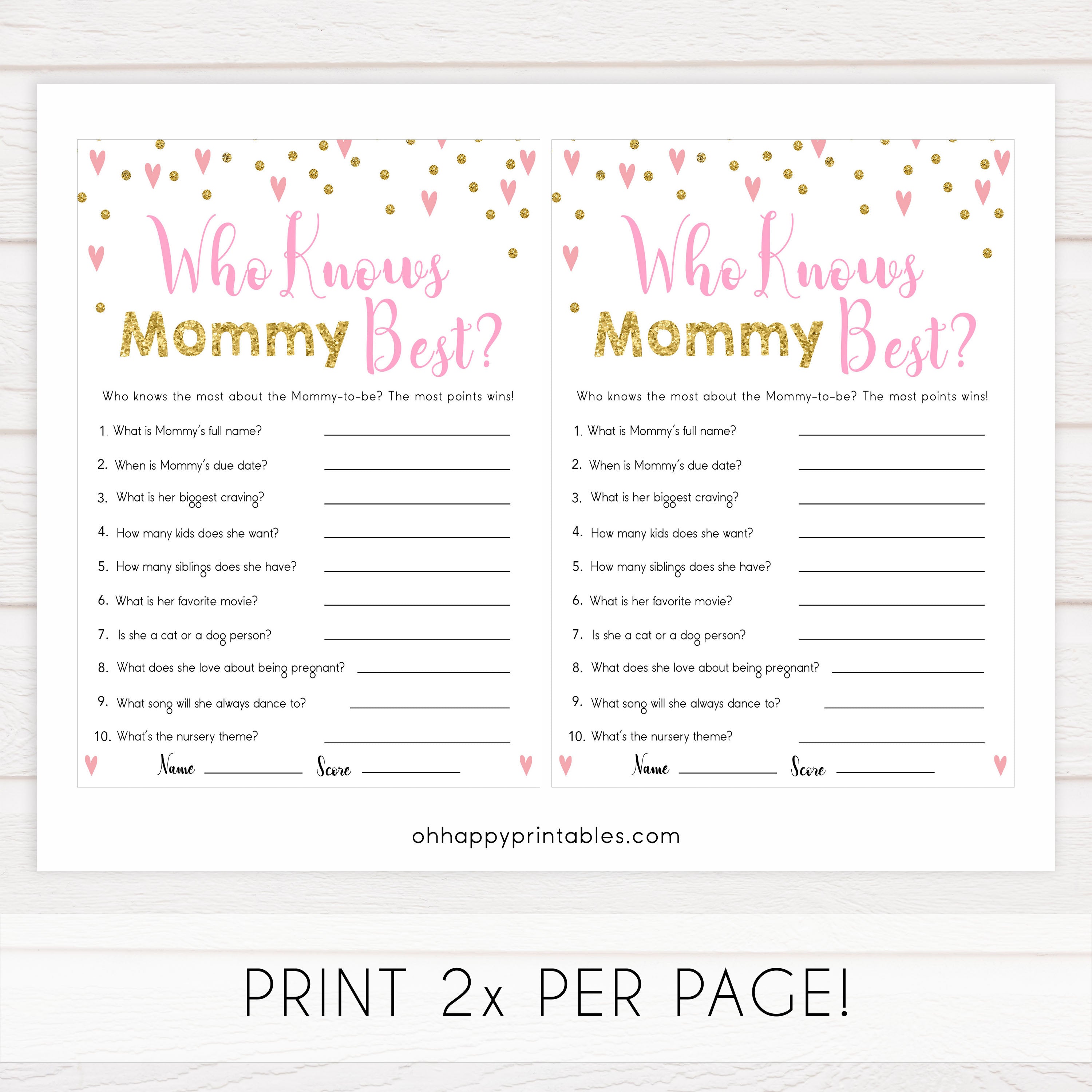 Small pink hearts baby game, who knows mommy best belly game, fun baby games, top baby games, printable baby games, girl baby games, pink baby shower, 10 best baby games