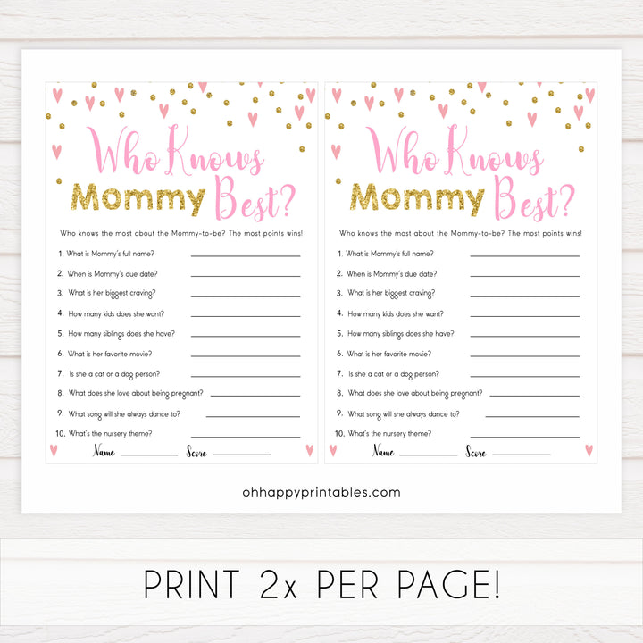 Small pink hearts baby game, who knows mommy best belly game, fun baby games, top baby games, printable baby games, girl baby games, pink baby shower, 10 best baby games