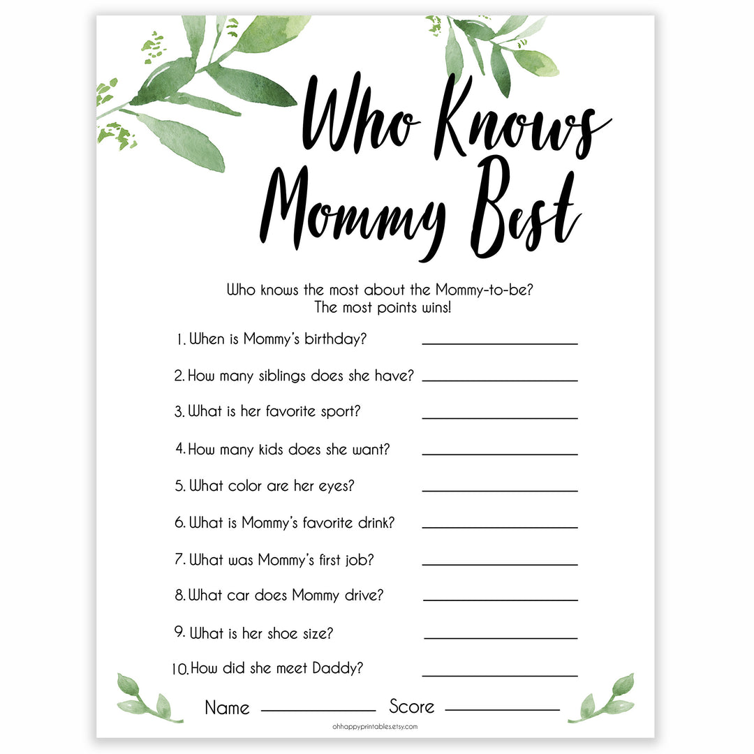 Botanical Who Knows Mommy Best Quiz, Baby Shower Games, Knows Mummy Games, Greenery Baby Shower Games, Green Fun Baby Shower Games