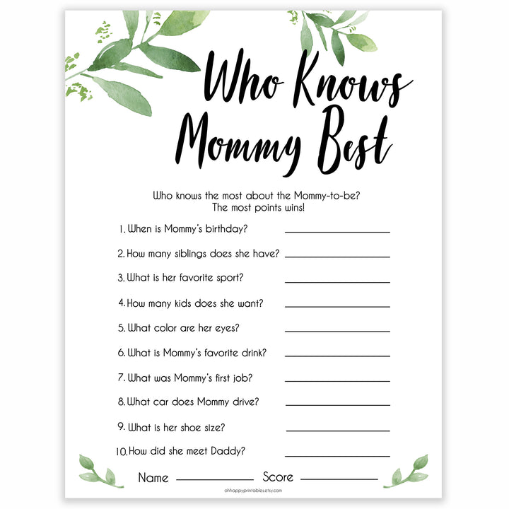 Botanical Who Knows Mommy Best Quiz, Baby Shower Games, Knows Mummy Games, Greenery Baby Shower Games, Green Fun Baby Shower Games