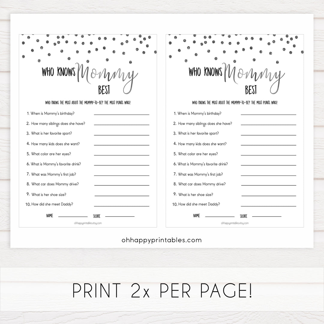 who knows mommy best, know mommy, Printable baby shower games, baby silver glitter fun baby games, baby shower games, fun baby shower ideas, top baby shower ideas, silver glitter shower baby shower, friends baby shower ideas