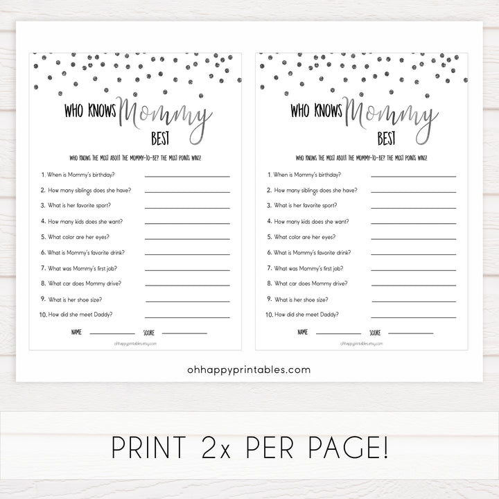 who knows mommy best, know mommy, Printable baby shower games, baby silver glitter fun baby games, baby shower games, fun baby shower ideas, top baby shower ideas, silver glitter shower baby shower, friends baby shower ideas
