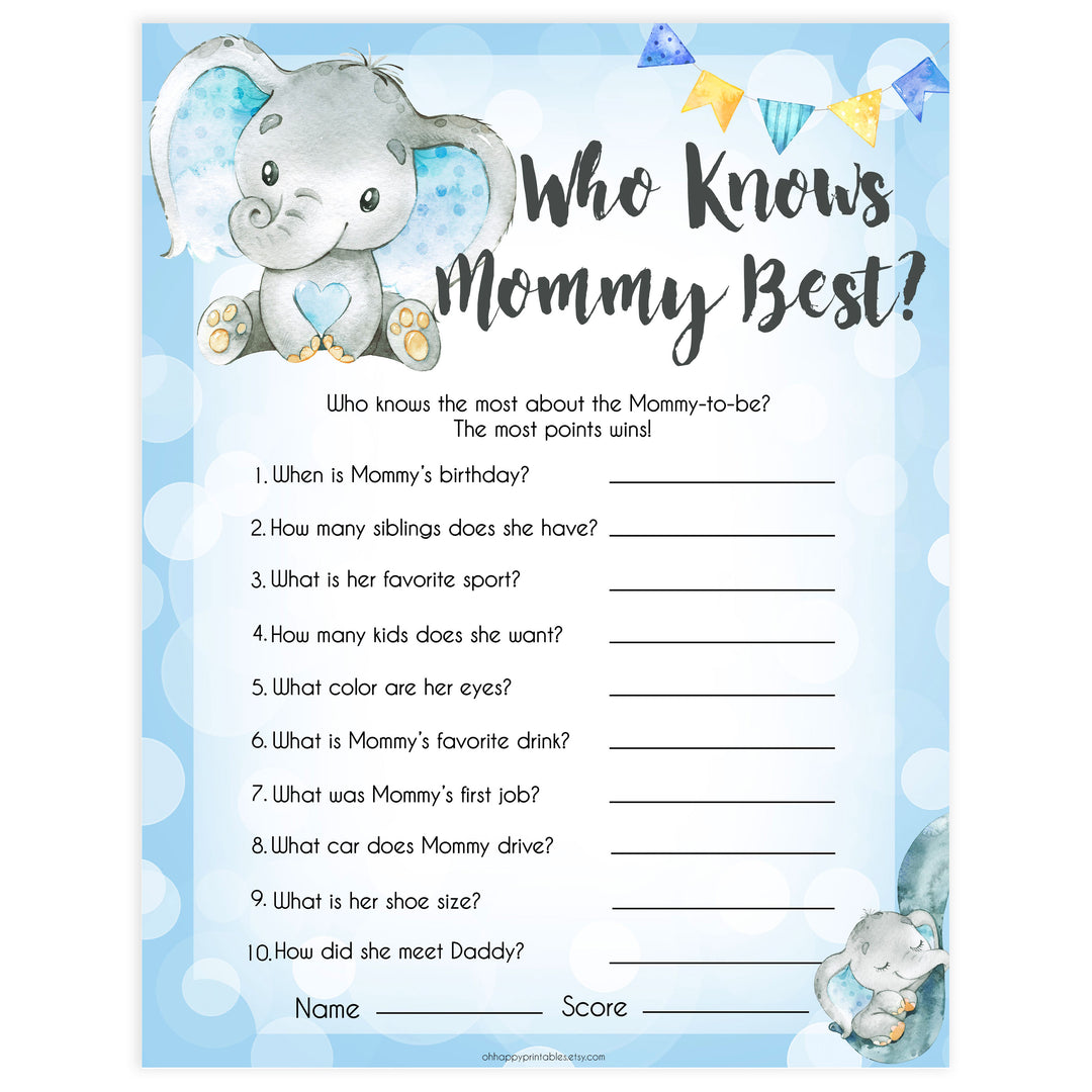 Blue elephant baby games, who knows mummy best, elephant baby games, printable baby games, top baby games, best baby shower games, baby shower ideas, fun baby games, elephant baby shower