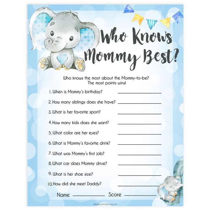 Blue elephant baby games, who knows mummy best, elephant baby games, printable baby games, top baby games, best baby shower games, baby shower ideas, fun baby games, elephant baby shower
