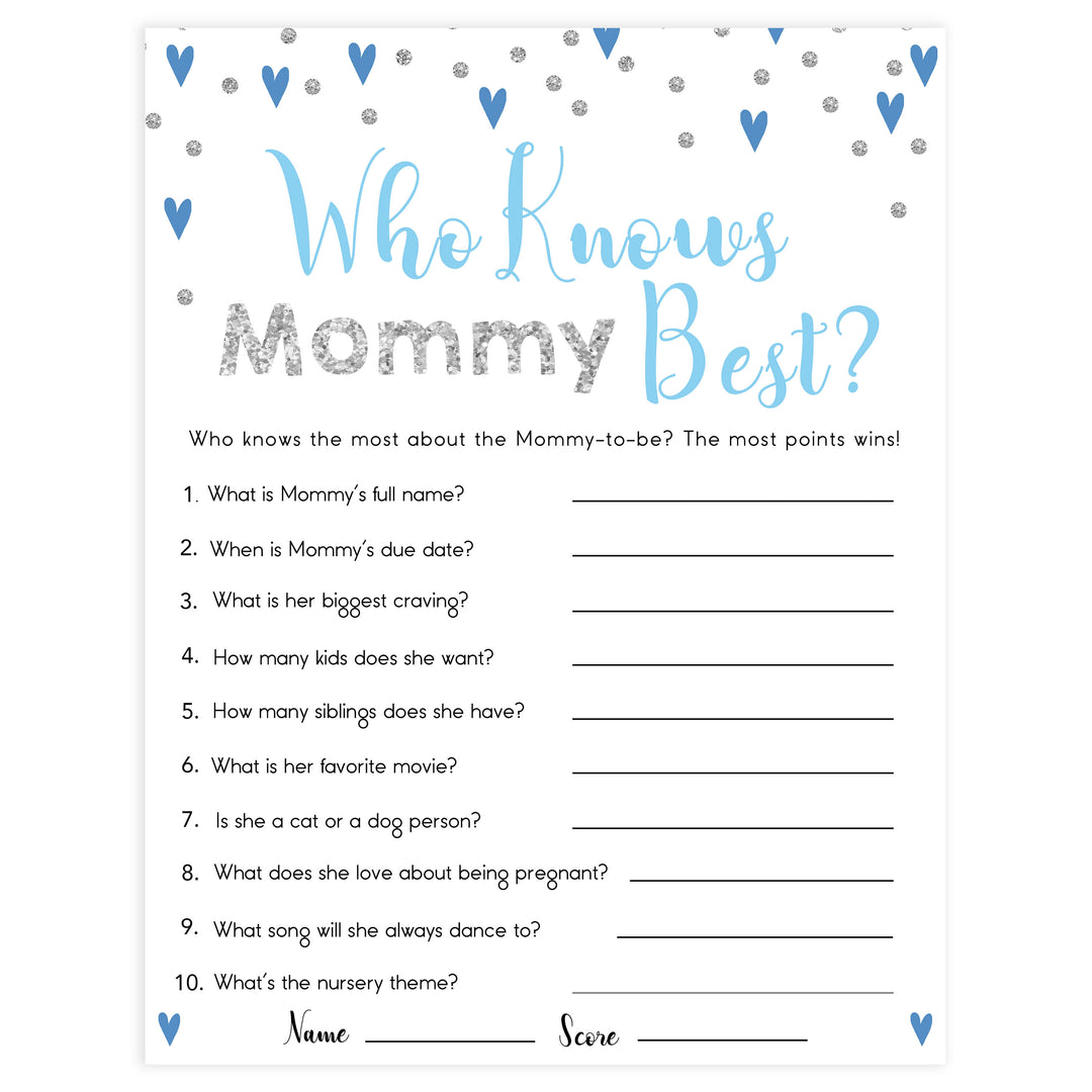 who knows mommy best, Printable baby shower games, small blue hearts fun baby games, baby shower games, fun baby shower ideas, top baby shower ideas, silver baby shower, blue hearts baby shower ideas