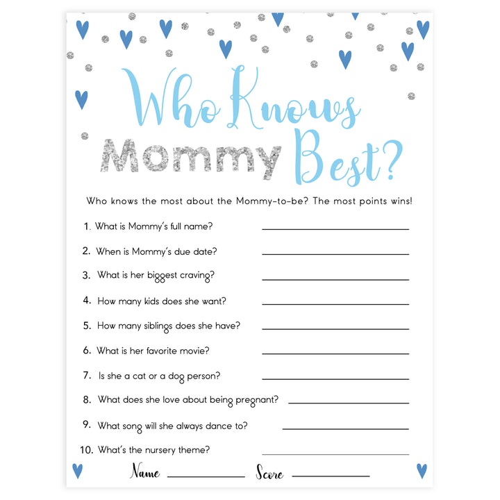 who knows mommy best, Printable baby shower games, small blue hearts fun baby games, baby shower games, fun baby shower ideas, top baby shower ideas, silver baby shower, blue hearts baby shower ideas