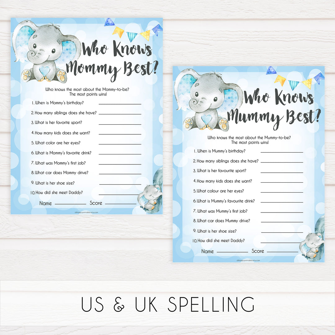 Blue elephant baby games, who knows mummy best, elephant baby games, printable baby games, top baby games, best baby shower games, baby shower ideas, fun baby games, elephant baby shower