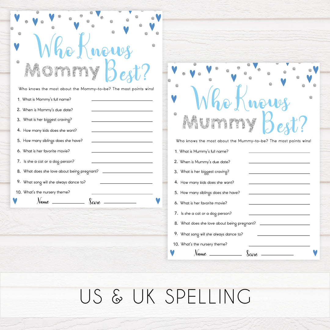 who knows mommy best, Printable baby shower games, small blue hearts fun baby games, baby shower games, fun baby shower ideas, top baby shower ideas, silver baby shower, blue hearts baby shower ideas