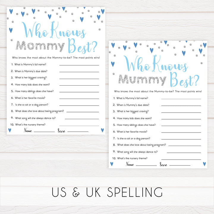 who knows mommy best, Printable baby shower games, small blue hearts fun baby games, baby shower games, fun baby shower ideas, top baby shower ideas, silver baby shower, blue hearts baby shower ideas