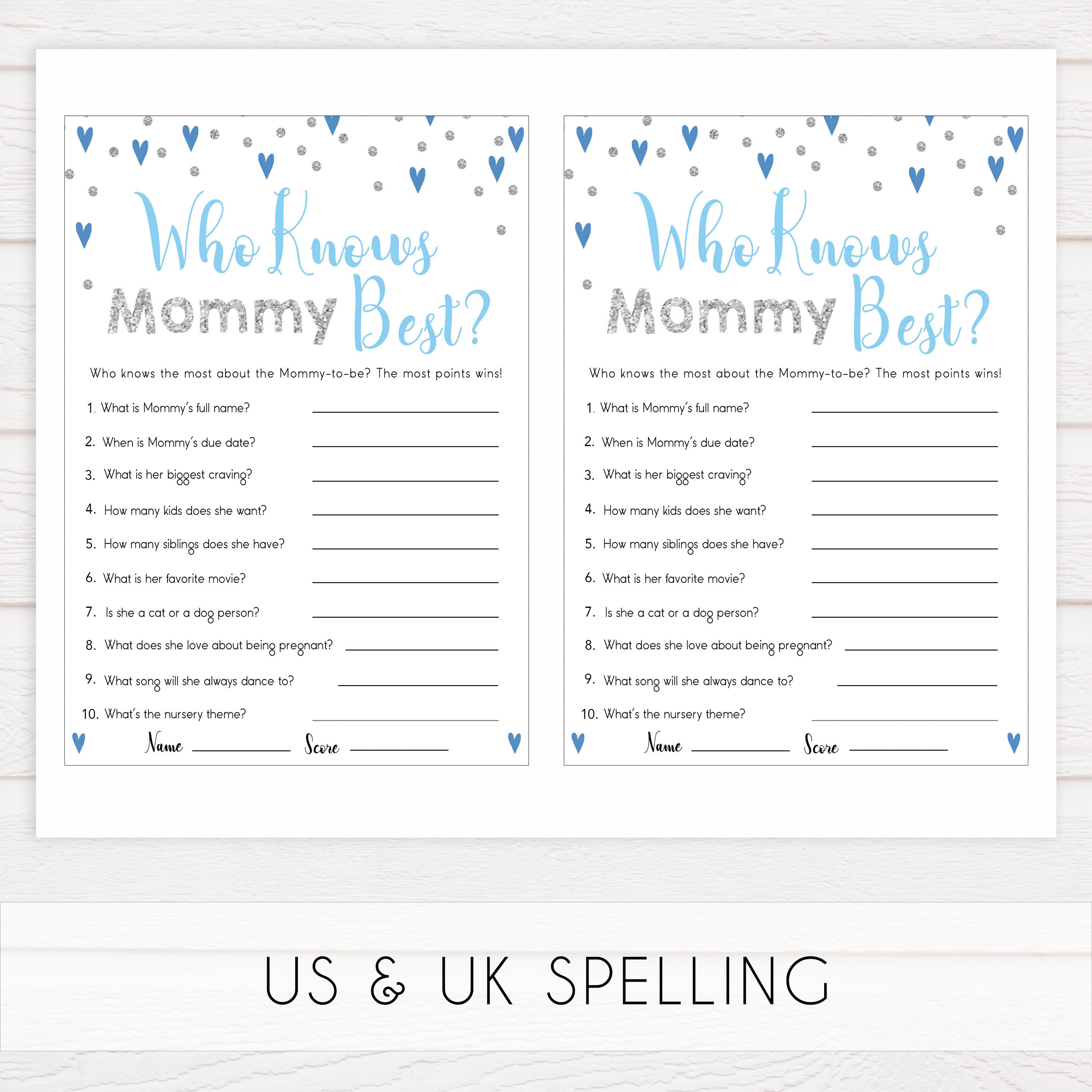 who knows mommy best, Printable baby shower games, small blue hearts fun baby games, baby shower games, fun baby shower ideas, top baby shower ideas, silver baby shower, blue hearts baby shower ideas