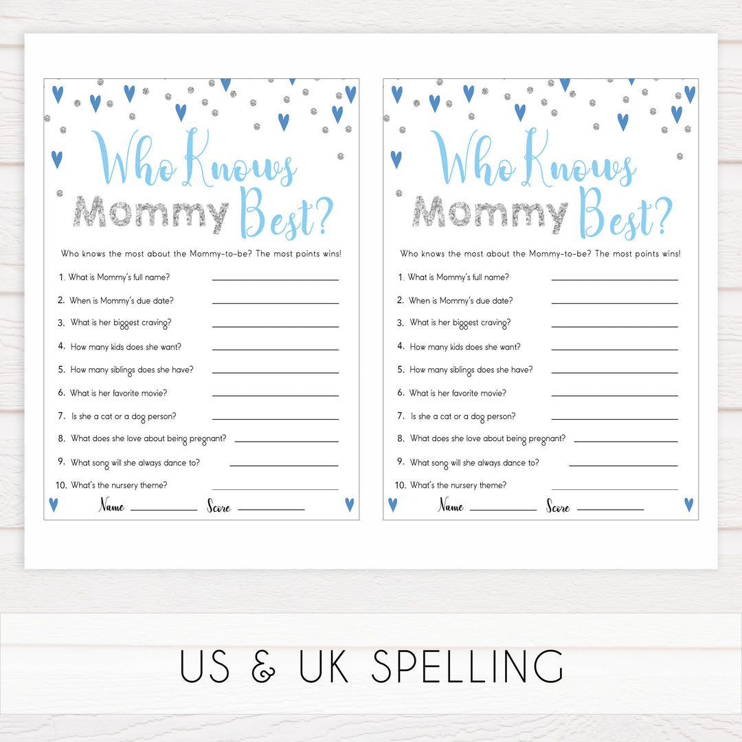 who knows mommy best, Printable baby shower games, small blue hearts fun baby games, baby shower games, fun baby shower ideas, top baby shower ideas, silver baby shower, blue hearts baby shower ideas